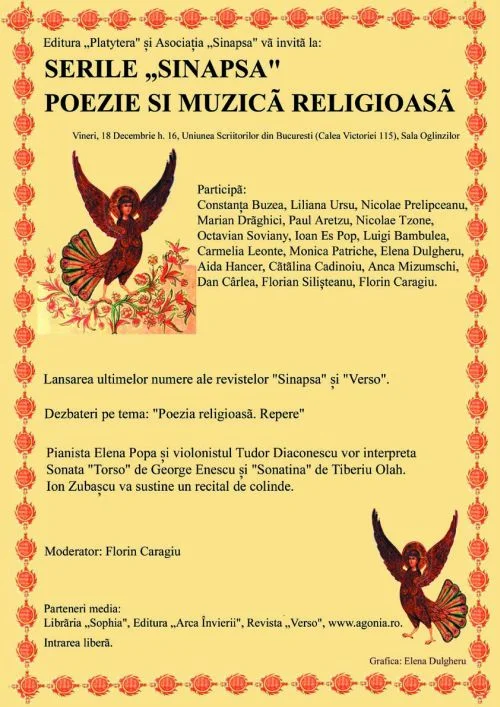 Serile Sinapsa. Poezie și Muzică Religioasă - Sala Oglinzilor - 18. XII, ora 16